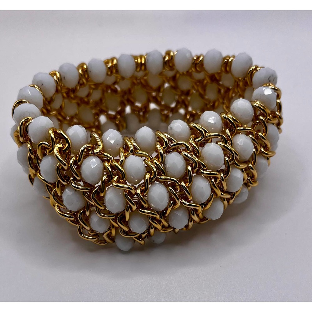 Gold Tone Mesh Stretchy Bracelet with Ivory Beads